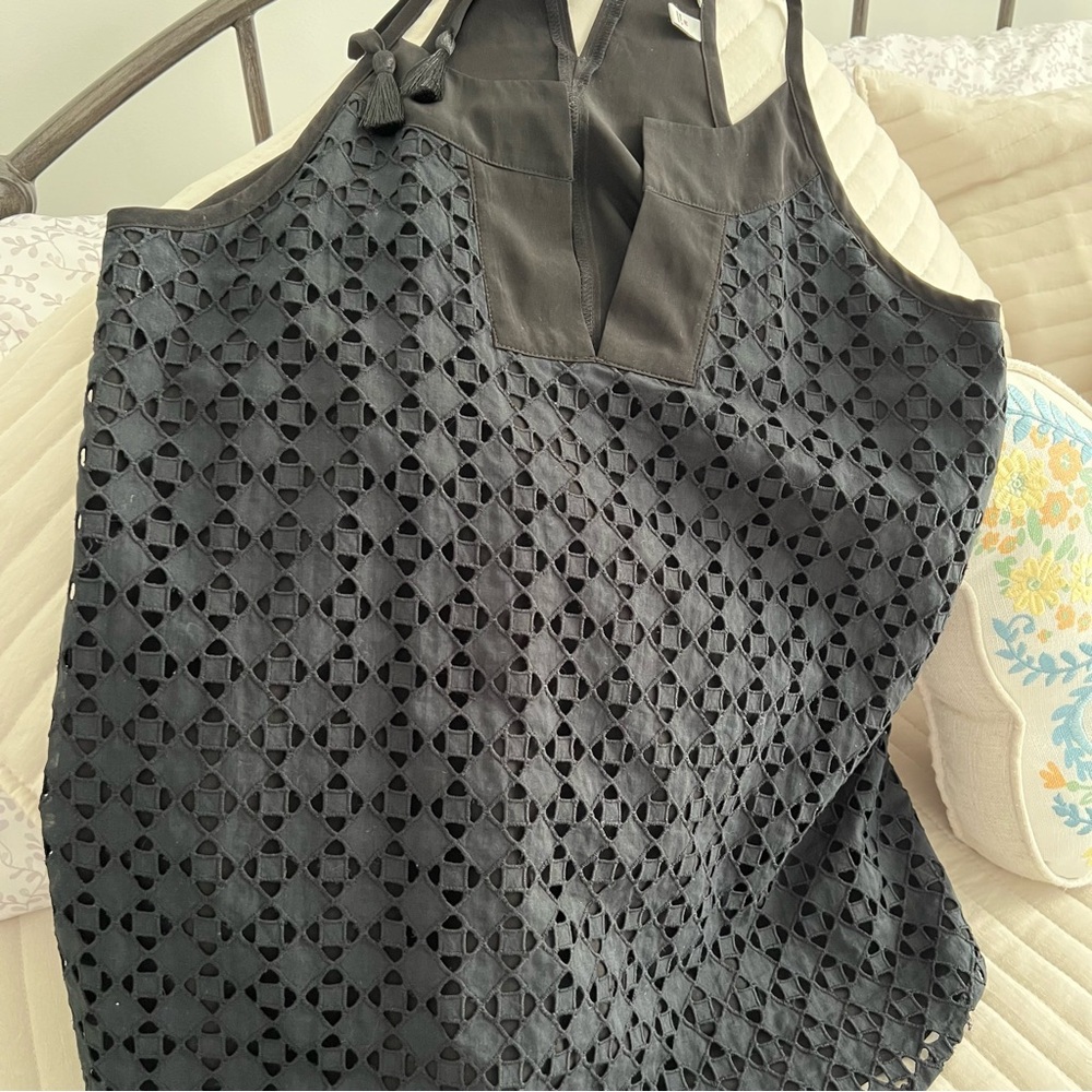 Athleta Black Eyelet Dunes Halter Top with Tassel Ties